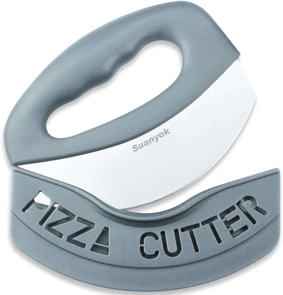 Suanyok Premium Pizza Cutter Food Chopper-Super Sharp Blade Stainless Steel Pizza Cutter Rocker Slicer with Protective Sheath Multi Function Pizza Knife Kitchen Tools,Dishwasher Safe (Gray) - Image 1