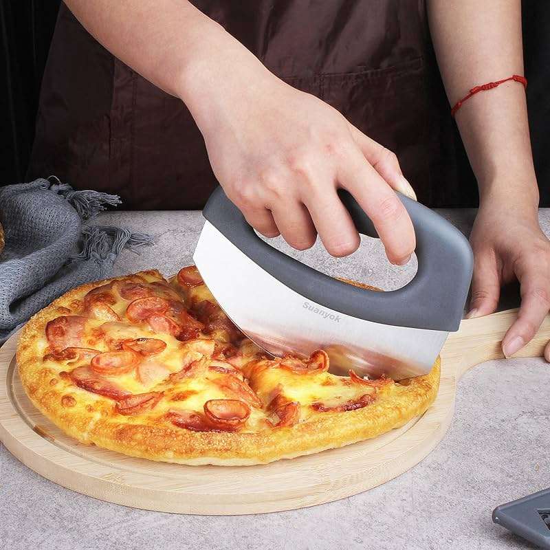 Suanyok Premium Pizza Cutter Food Chopper-Super Sharp Blade Stainless Steel Pizza Cutter Rocker Slicer with Protective Sheath Multi Function Pizza Knife Kitchen Tools,Dishwasher Safe (Gray) - Image 2