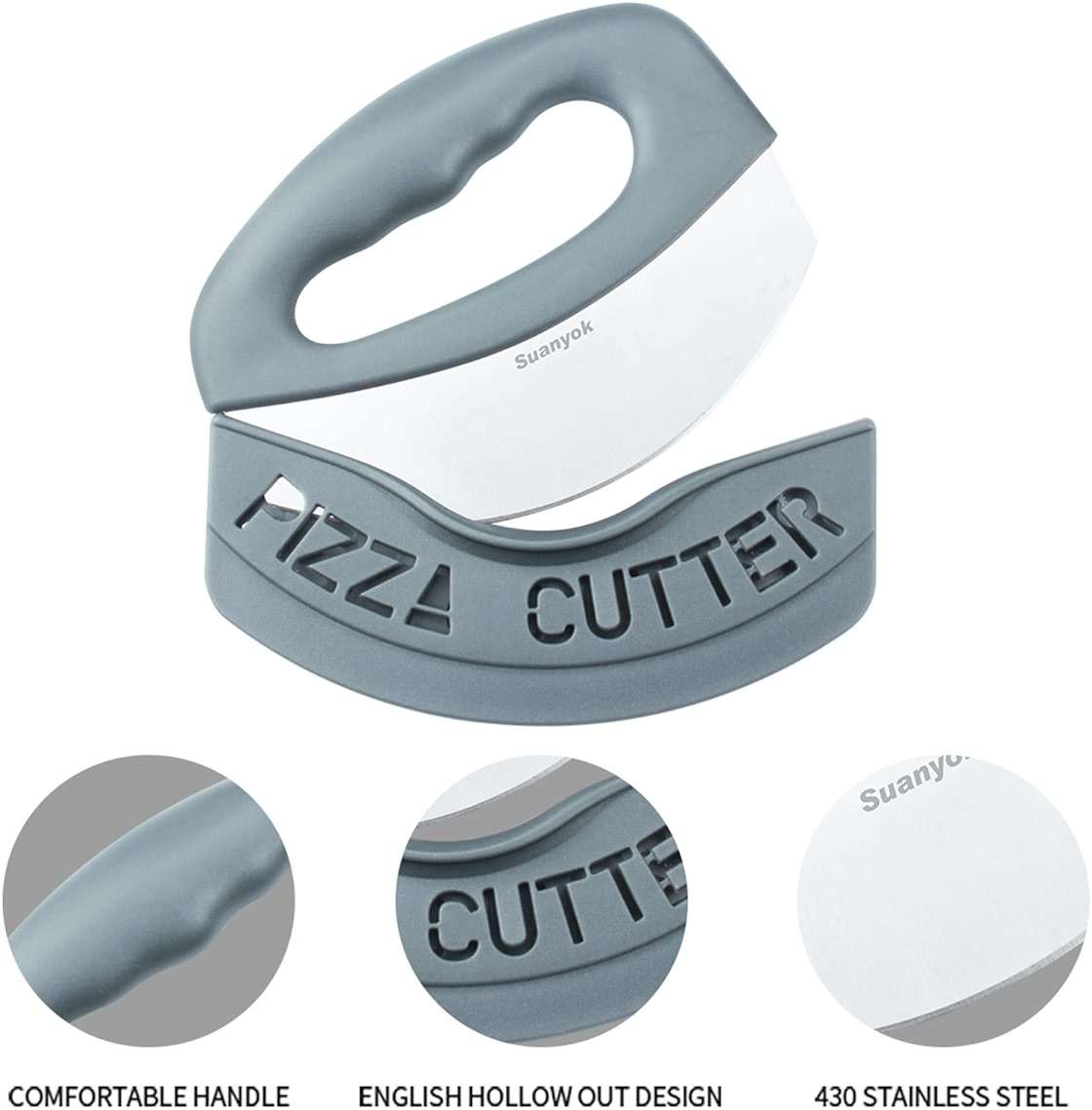 Suanyok Premium Pizza Cutter Food Chopper-Super Sharp Blade Stainless Steel Pizza Cutter Rocker Slicer with Protective Sheath Multi Function Pizza Knife Kitchen Tools,Dishwasher Safe (Gray) - Image 5