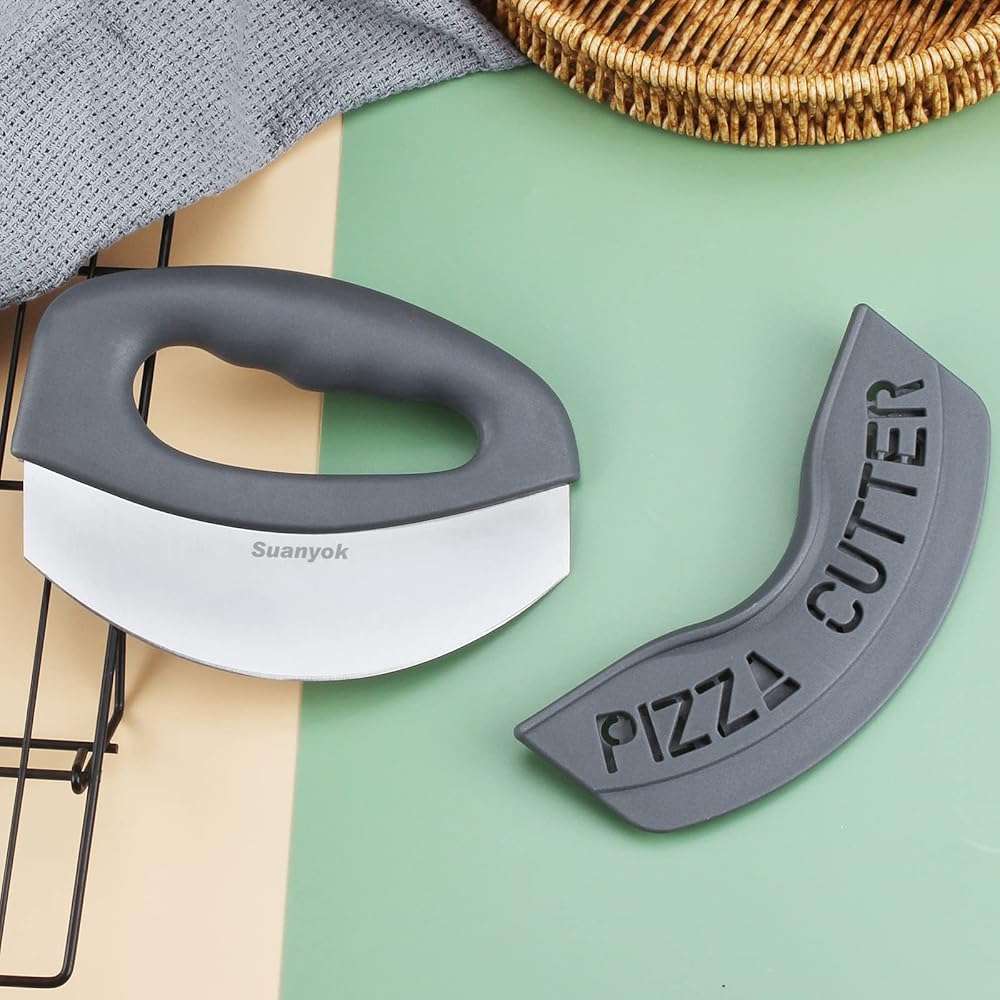 Suanyok Premium Pizza Cutter Food Chopper-Super Sharp Blade Stainless Steel Pizza Cutter Rocker Slicer with Protective Sheath Multi Function Pizza Knife Kitchen Tools,Dishwasher Safe (Gray) - Image 7