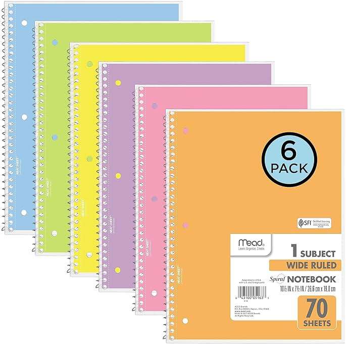 Mead Spiral Notebook, 6 Pack, 1 Subject, Wide Ruled Paper, 7-1/2" x 10-1/2", 70 Sheets per Notebook, Assorted Pastel Colors (930050-ECM) - Image 1