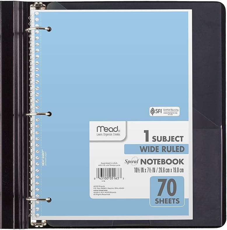 Mead Spiral Notebook, 6 Pack, 1 Subject, Wide Ruled Paper, 7-1/2" x 10-1/2", 70 Sheets per Notebook, Assorted Pastel Colors (930050-ECM) - Image 4