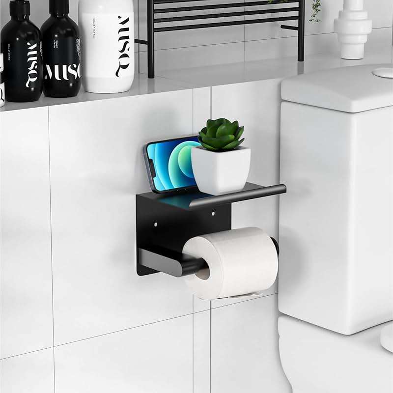GLNLQ Matte Black Toilet Paper Holder with Shelf, Fits Mega Rolls, Rustproof Stainless Steel, Self Adhesive Wall Mount Toilet Paper Roll Holder, for Bathroom, Washroom, Kitchen, RV - Image 2