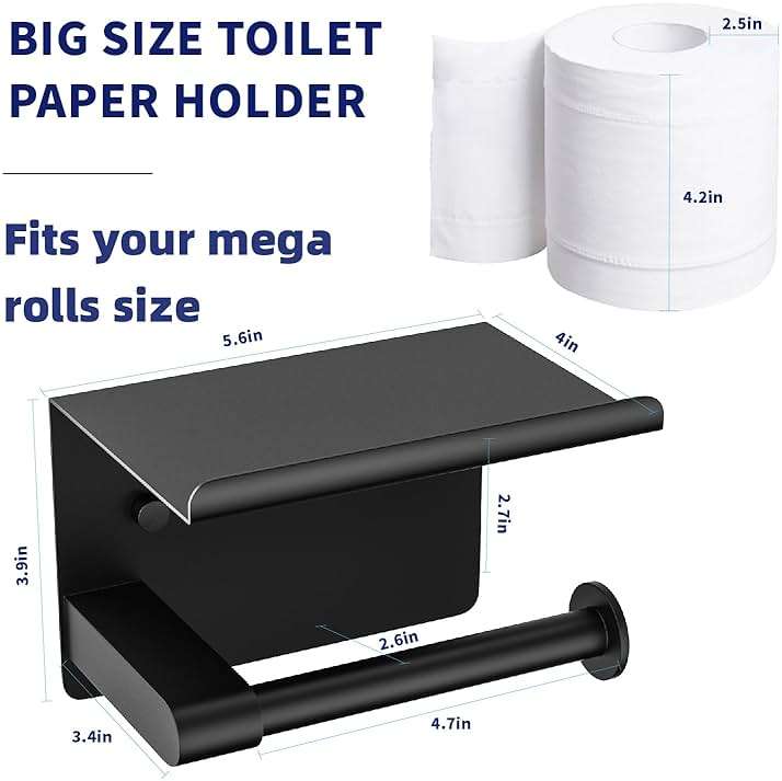 GLNLQ Matte Black Toilet Paper Holder with Shelf, Fits Mega Rolls, Rustproof Stainless Steel, Self Adhesive Wall Mount Toilet Paper Roll Holder, for Bathroom, Washroom, Kitchen, RV - Image 3