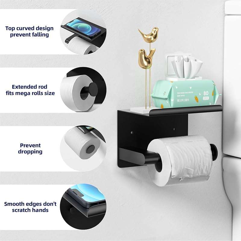 GLNLQ Matte Black Toilet Paper Holder with Shelf, Fits Mega Rolls, Rustproof Stainless Steel, Self Adhesive Wall Mount Toilet Paper Roll Holder, for Bathroom, Washroom, Kitchen, RV - Image 4