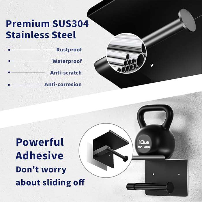 GLNLQ Matte Black Toilet Paper Holder with Shelf, Fits Mega Rolls, Rustproof Stainless Steel, Self Adhesive Wall Mount Toilet Paper Roll Holder, for Bathroom, Washroom, Kitchen, RV - Image 5