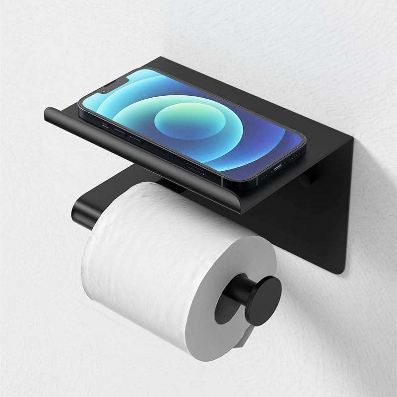 GLNLQ Matte Black Toilet Paper Holder with Shelf, Fits Mega Rolls, Rustproof Stainless Steel, Self Adhesive Wall Mount Toilet Paper Roll Holder, for Bathroom, Washroom, Kitchen, RV - Image 6