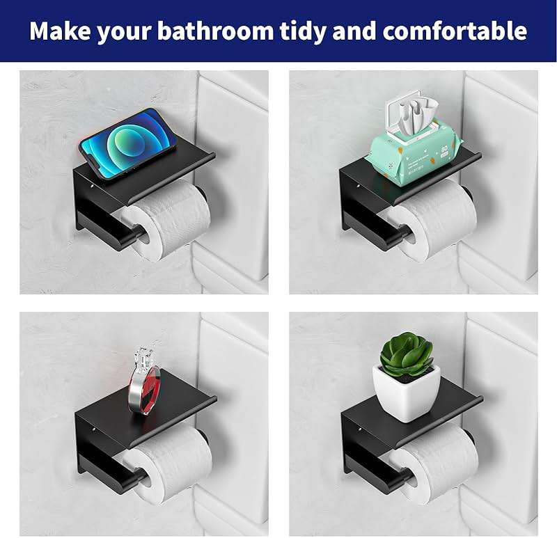 GLNLQ Matte Black Toilet Paper Holder with Shelf, Fits Mega Rolls, Rustproof Stainless Steel, Self Adhesive Wall Mount Toilet Paper Roll Holder, for Bathroom, Washroom, Kitchen, RV - Image 7