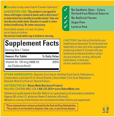 Nature Made Vitamin D3 5000 IU (125 mcg) Extra Strength, Vitamin D Supplement for Immune Support, 70 Sugar Free Fast Dissolve Tablets, 70 Day Supply - Image 5