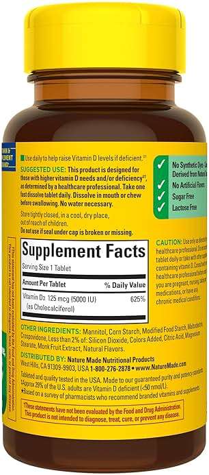 Nature Made Vitamin D3 5000 IU (125 mcg) Extra Strength, Vitamin D Supplement for Immune Support, 70 Sugar Free Fast Dissolve Tablets, 70 Day Supply - Image 9