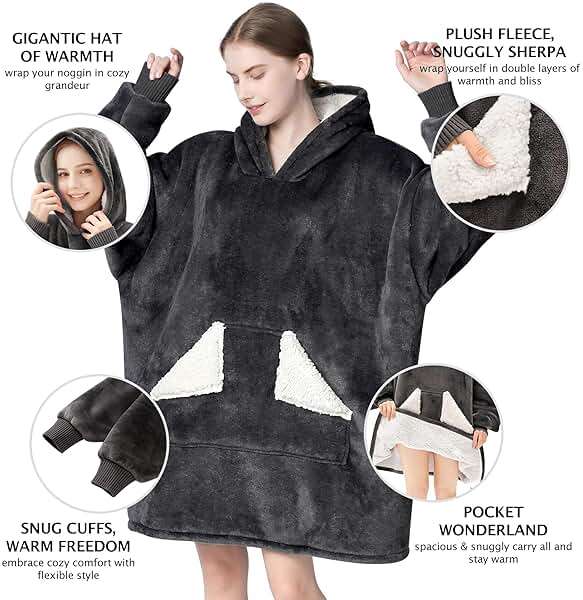 Touchat Wearable Blanket Hoodie, Oversized Sherpa Fleece Sweatshirt Blanket with Giant Hood Pocket and Sleeves for Adult, Warm & Cozy Grey Blanket Gifts for Women - Image 4