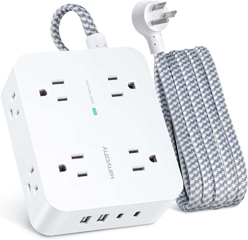 6Ft Surge Protector Power Strip with USB C, HANYCONY Extension Cord with 8 Outlets(2.2 IN) 4 USB Ports(2 USB C), Flat Plug, Wall Mount, 3 Side Outlet Extender for Home Dorm Room Essentials, ETL Listed - Image 1