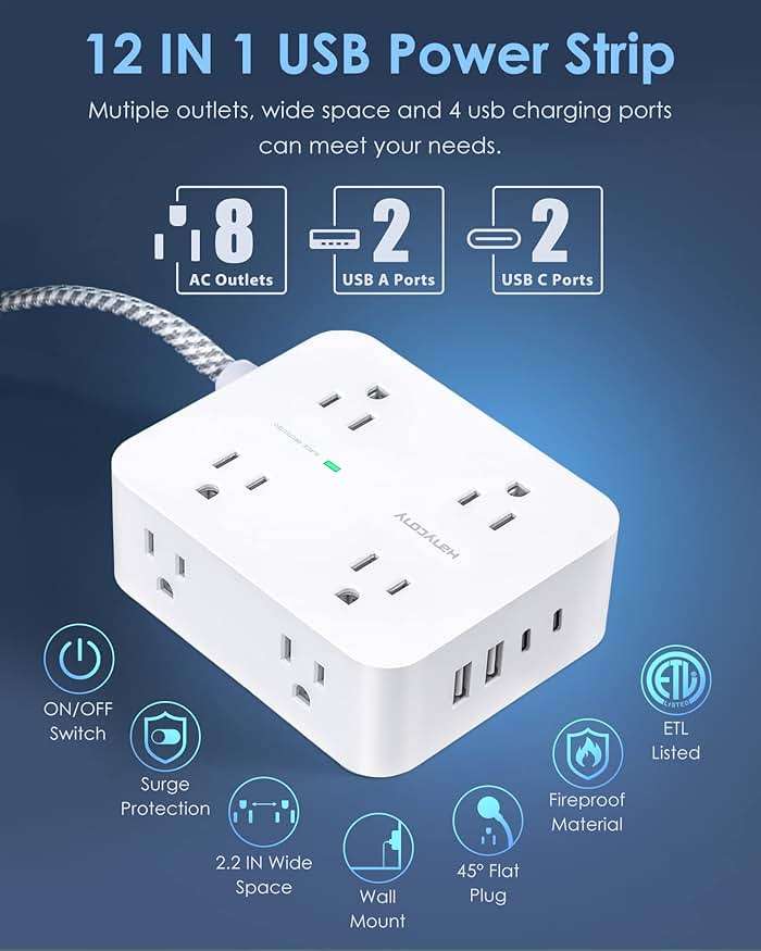 6Ft Surge Protector Power Strip with USB C, HANYCONY Extension Cord with 8 Outlets(2.2 IN) 4 USB Ports(2 USB C), Flat Plug, Wall Mount, 3 Side Outlet Extender for Home Dorm Room Essentials, ETL Listed - Image 2