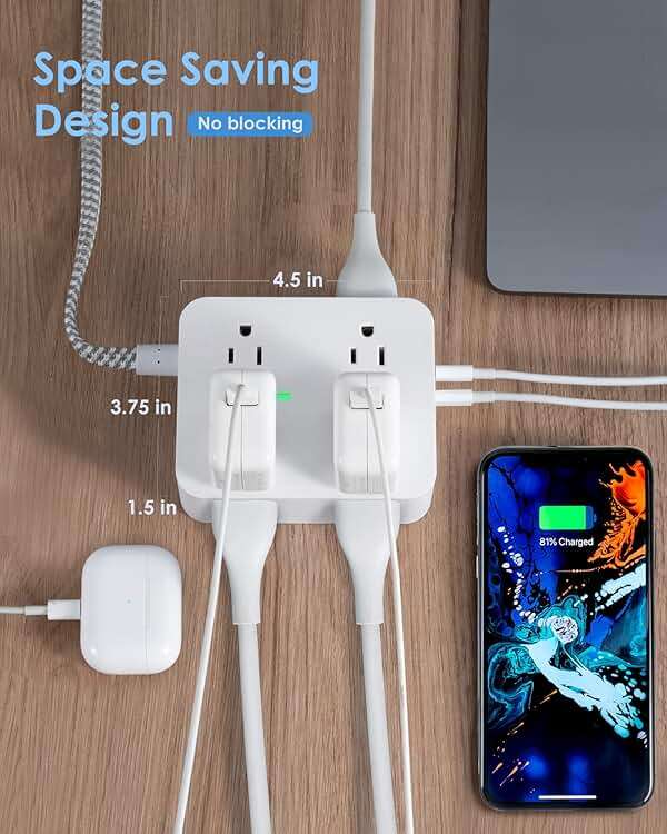 6Ft Surge Protector Power Strip with USB C, HANYCONY Extension Cord with 8 Outlets(2.2 IN) 4 USB Ports(2 USB C), Flat Plug, Wall Mount, 3 Side Outlet Extender for Home Dorm Room Essentials, ETL Listed - Image 3