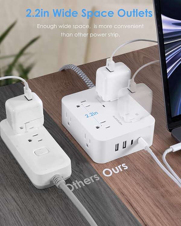 6Ft Surge Protector Power Strip with USB C, HANYCONY Extension Cord with 8 Outlets(2.2 IN) 4 USB Ports(2 USB C), Flat Plug, Wall Mount, 3 Side Outlet Extender for Home Dorm Room Essentials, ETL Listed - Image 5