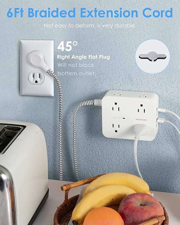 6Ft Surge Protector Power Strip with USB C, HANYCONY Extension Cord with 8 Outlets(2.2 IN) 4 USB Ports(2 USB C), Flat Plug, Wall Mount, 3 Side Outlet Extender for Home Dorm Room Essentials, ETL Listed - Image 7