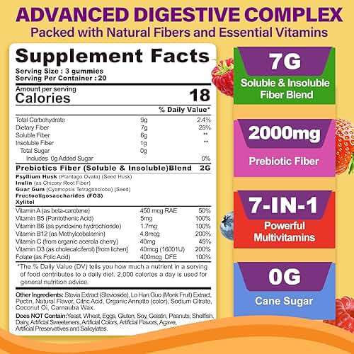 Fiber Gummies 7G for Adults with Psyllium Husk, For GLP-1 Users Daily Prebiotic Fiber - Inulin, FOS, Guar Gum, Methyl B12,Folate,B6 for Gut & Digestive Health, Regularity Support, Sugar Free,Pack of 2 - Image 2