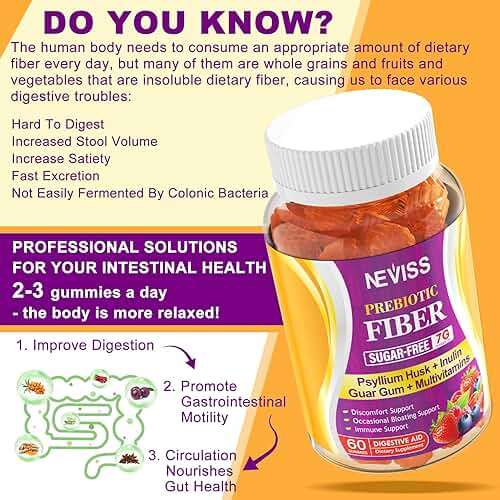 Fiber Gummies 7G for Adults with Psyllium Husk, For GLP-1 Users Daily Prebiotic Fiber - Inulin, FOS, Guar Gum, Methyl B12,Folate,B6 for Gut & Digestive Health, Regularity Support, Sugar Free,Pack of 2 - Image 3