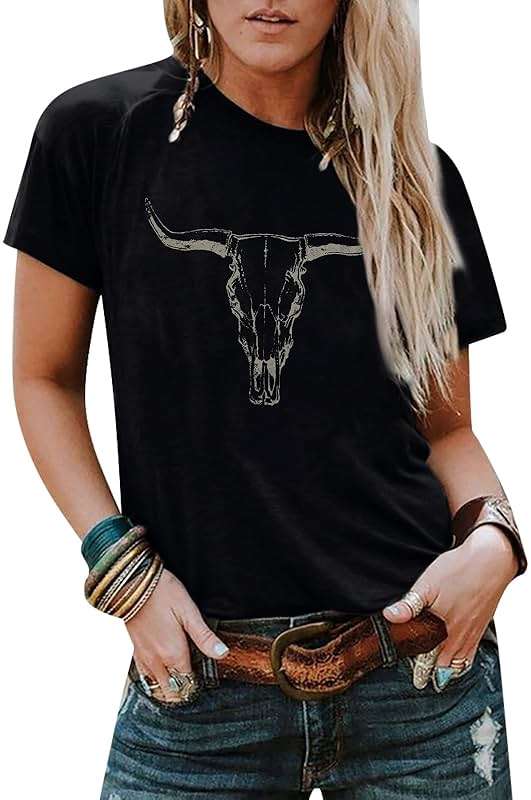 Boho Cow Skull Shirt Women Cowgirl t Shirt Vintage Western Rodeo Graphic Tee Short Sleeve Bull Skull Casual Top - Image 1