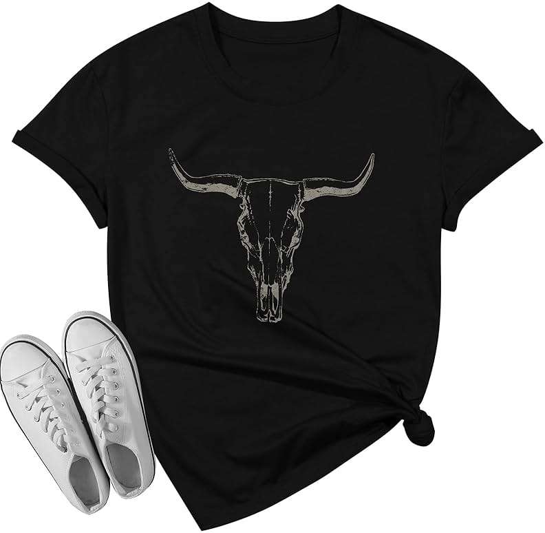 Boho Cow Skull Shirt Women Cowgirl t Shirt Vintage Western Rodeo Graphic Tee Short Sleeve Bull Skull Casual Top - Image 5