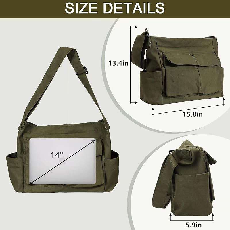 Canvas Messenger Bag Large Hobo Crossbody Bags with Multiple Pockets,School Vintage Shoulder Laptop Bag for Women and Men - Image 2