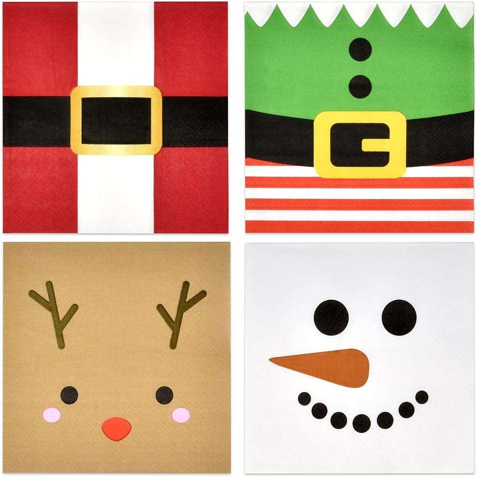 Gift Boutique 120 Christmas Character Cocktail Beverage Napkins Holiday Disposable Paper Napkin Cute Xmas Winter Snowman Reindeer Elf & Santa Belt Dessert Napkins for Home Dinner Buffet Party Supplies - Image 1