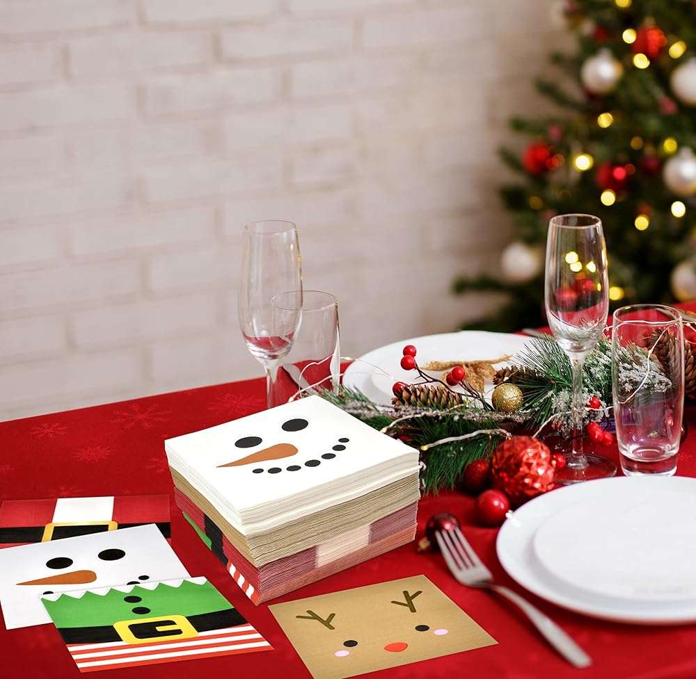 Gift Boutique 120 Christmas Character Cocktail Beverage Napkins Holiday Disposable Paper Napkin Cute Xmas Winter Snowman Reindeer Elf & Santa Belt Dessert Napkins for Home Dinner Buffet Party Supplies - Image 3