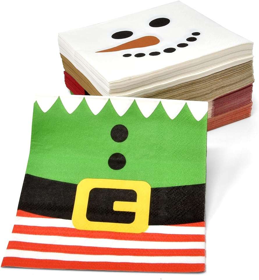 Gift Boutique 120 Christmas Character Cocktail Beverage Napkins Holiday Disposable Paper Napkin Cute Xmas Winter Snowman Reindeer Elf & Santa Belt Dessert Napkins for Home Dinner Buffet Party Supplies - Image 4