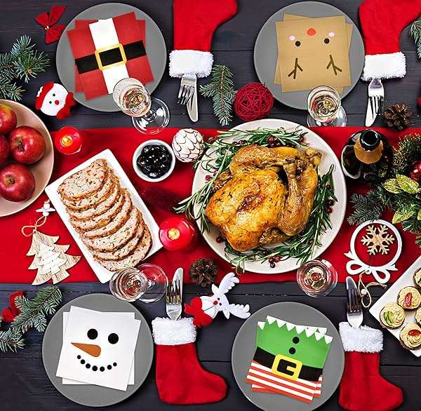 Gift Boutique 120 Christmas Character Cocktail Beverage Napkins Holiday Disposable Paper Napkin Cute Xmas Winter Snowman Reindeer Elf & Santa Belt Dessert Napkins for Home Dinner Buffet Party Supplies - Image 5