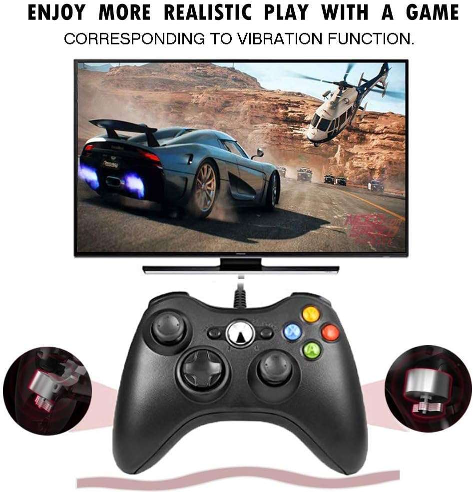 Reiso Xbox 360 Controller, 7.2 ft USB Wired PC Controller Compatible with Microsoft Xbox 360 & Slim 360 PC Windows (Black and Black) - Image 4