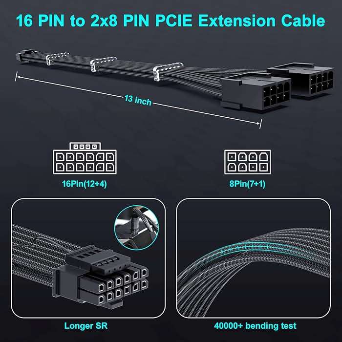 Bangfun PCIE 5.0 16Pin GPU Power 12VHPWR Extension Cable, 16Pin(12+4) Male to 2X8Pin Female GPU Adapter Extender Cord Designed for Geforce RTX 4070 4070Ti Super 5090 5080 5070Ti-13Inch Black - Image 5
