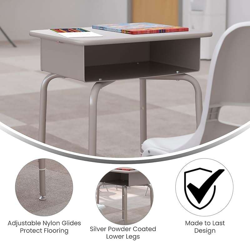 Flash Furniture Billie Student Desk - Gray Granite Open Front School Desk - Silver Metal Frame - 24"W x 18"D Adjustable Height, Durable for School or Remote Learning - Image 4