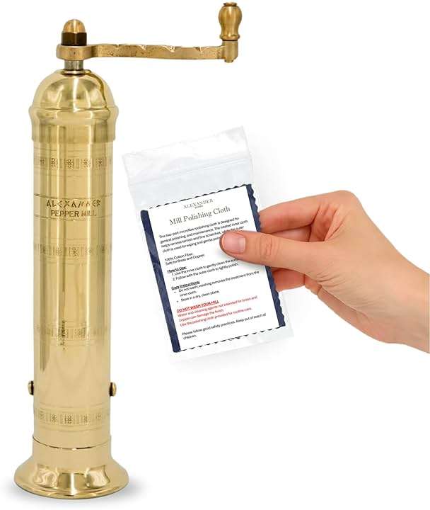 Alexander Home Original Greek Pepper Mill, 9-Inch Brass – European Manual Pepper Grinder Refillable, with Polishing Cloth - Image 1
