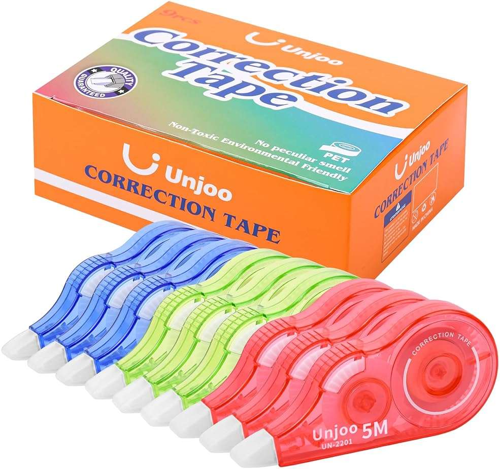 Unjoo White Correction Tape, Easy To Use Applicator, Fast Clean Tear-Resistant Tape For school Supplies, Office (9-pack, 5M/196, Red, Green, Blue, Tape Width 0.2in) - Image 1