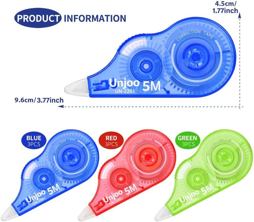 Unjoo White Correction Tape, Easy To Use Applicator, Fast Clean Tear-Resistant Tape For school Supplies, Office (9-pack, 5M/196, Red, Green, Blue, Tape Width 0.2in) - Image 2