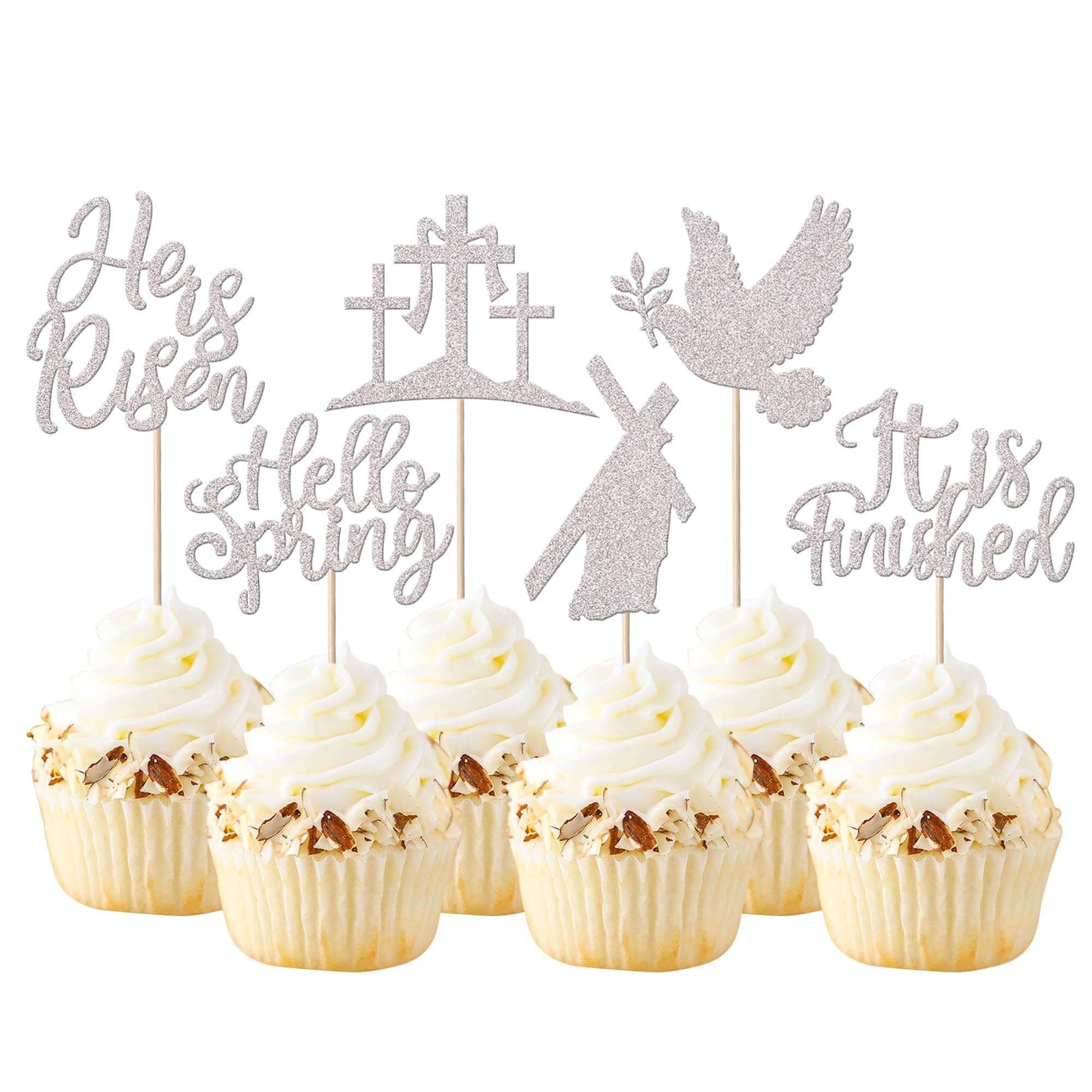 24 Pack Cross Cupcake Toppers Glitter It is Finished Peace Pigeon Cupcake Picks Hello Spring Cake Decorations for Christianity Theme Birthday Party Supplies Silver - Image 1