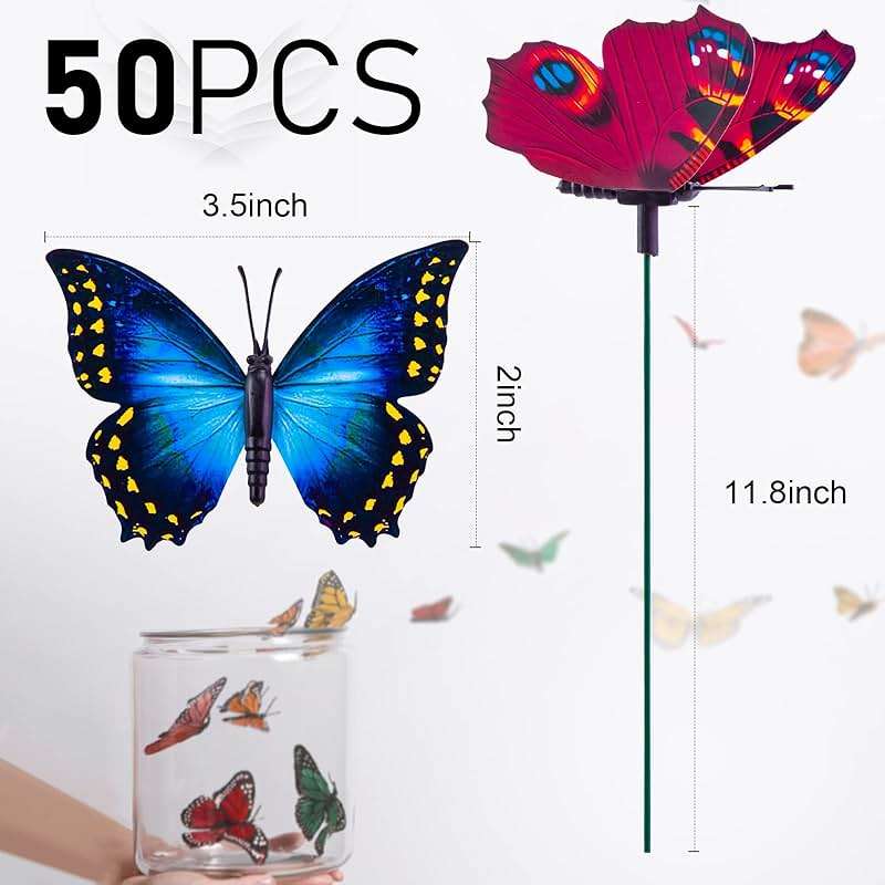 VGOODALL 50PCS Butterfly Garden Decorations, 11.8 inch Butterfly Stakes Ornaments Artificial Waterproof Butterflies for Flower Bouquet Outdoor Indoor Yard Art Patio Plant Pot Flower Bed Home Décor - Image 3