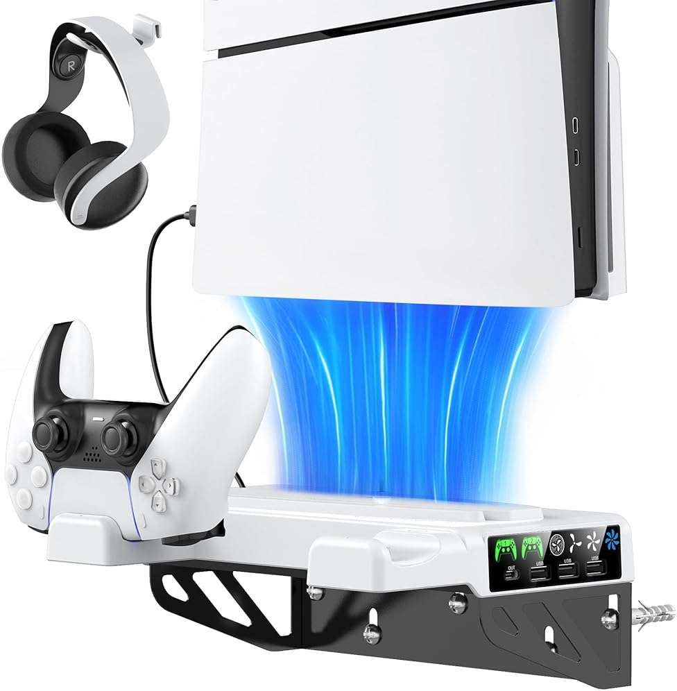 PS5/Slim/Pro Wall Mount Kit with Cooling Fan & Charging Station, PS5 Shelf Floating Mount for All PlayStation 5/Slim/Pro Disc & Digital Console, PS 5 Wall Bracket Behind TV, PS Five Pro Accessories - Image 1