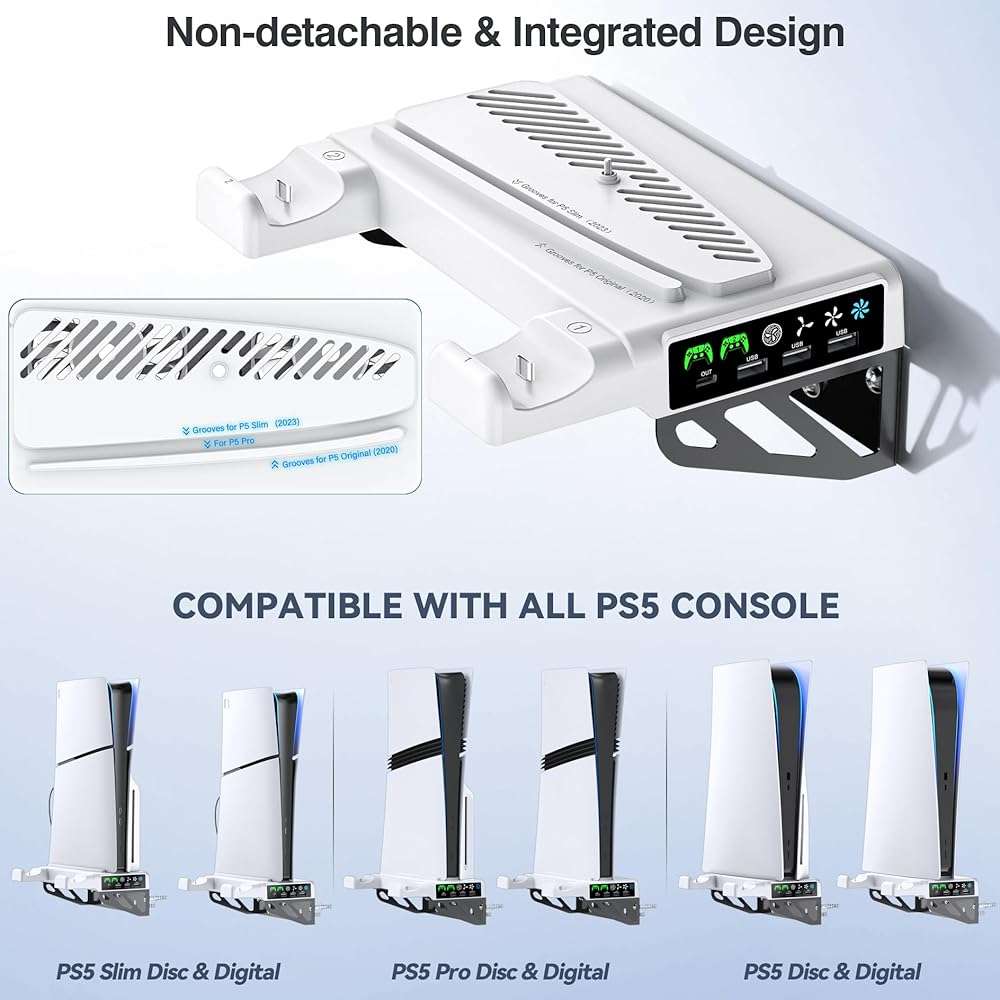 PS5/Slim/Pro Wall Mount Kit with Cooling Fan & Charging Station, PS5 Shelf Floating Mount for All PlayStation 5/Slim/Pro Disc & Digital Console, PS 5 Wall Bracket Behind TV, PS Five Pro Accessories - Image 2