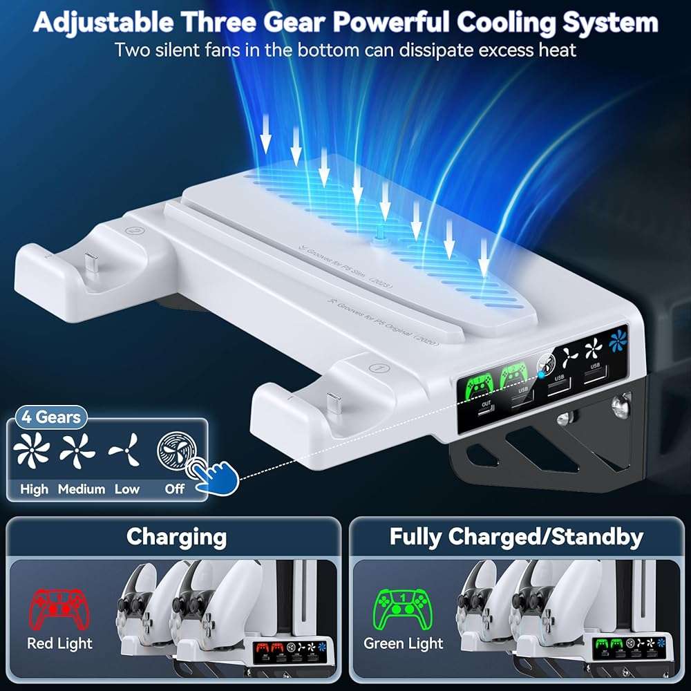 PS5/Slim/Pro Wall Mount Kit with Cooling Fan & Charging Station, PS5 Shelf Floating Mount for All PlayStation 5/Slim/Pro Disc & Digital Console, PS 5 Wall Bracket Behind TV, PS Five Pro Accessories - Image 3