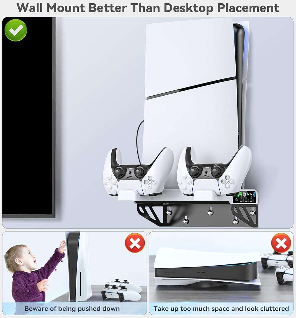 PS5/Slim/Pro Wall Mount Kit with Cooling Fan & Charging Station, PS5 Shelf Floating Mount for All PlayStation 5/Slim/Pro Disc & Digital Console, PS 5 Wall Bracket Behind TV, PS Five Pro Accessories - Image 4