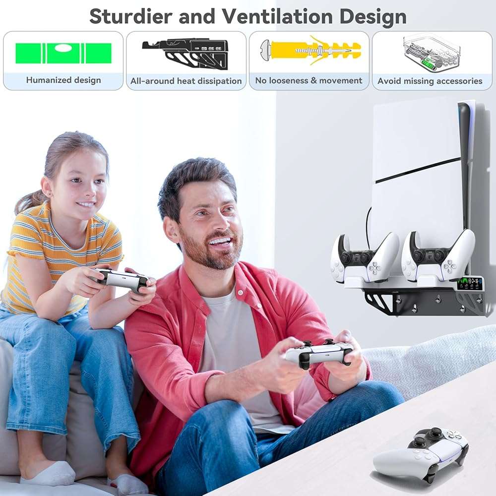 PS5/Slim/Pro Wall Mount Kit with Cooling Fan & Charging Station, PS5 Shelf Floating Mount for All PlayStation 5/Slim/Pro Disc & Digital Console, PS 5 Wall Bracket Behind TV, PS Five Pro Accessories - Image 5