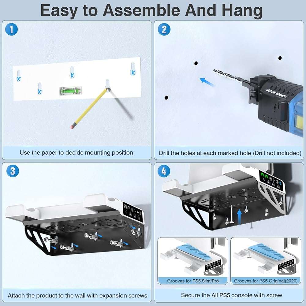PS5/Slim/Pro Wall Mount Kit with Cooling Fan & Charging Station, PS5 Shelf Floating Mount for All PlayStation 5/Slim/Pro Disc & Digital Console, PS 5 Wall Bracket Behind TV, PS Five Pro Accessories - Image 6