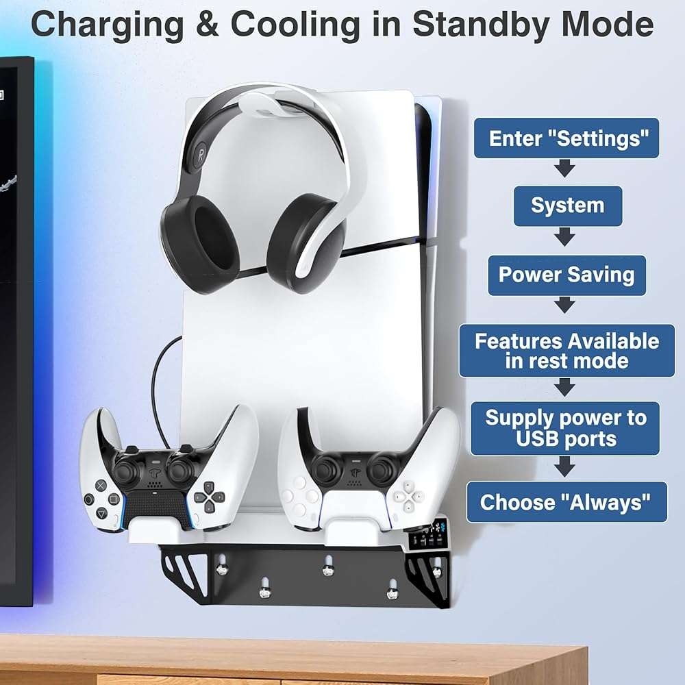 PS5/Slim/Pro Wall Mount Kit with Cooling Fan & Charging Station, PS5 Shelf Floating Mount for All PlayStation 5/Slim/Pro Disc & Digital Console, PS 5 Wall Bracket Behind TV, PS Five Pro Accessories - Image 7