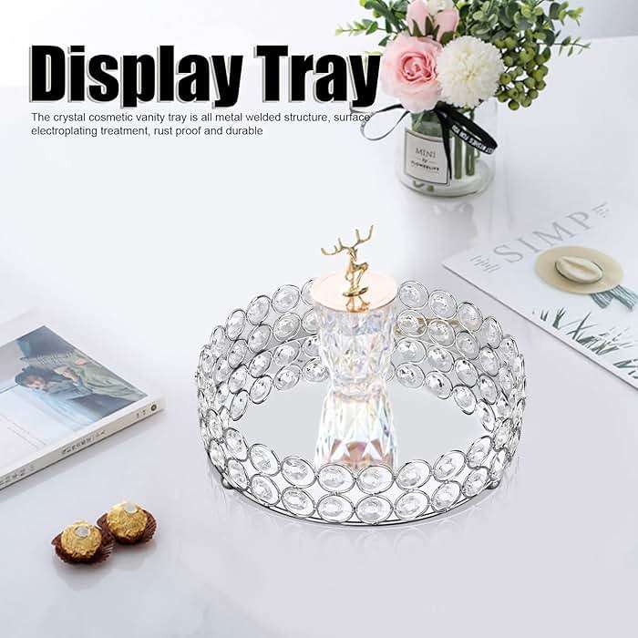 PRTECY 8 inch Crystal Cosmetic Makeup Tray, Round Mirrored Trays for Vanity Makeup Organizer Jewelry Dish Cosmetics Organizer for Bathroom Home Decor(Silver 20cm) - Image 3