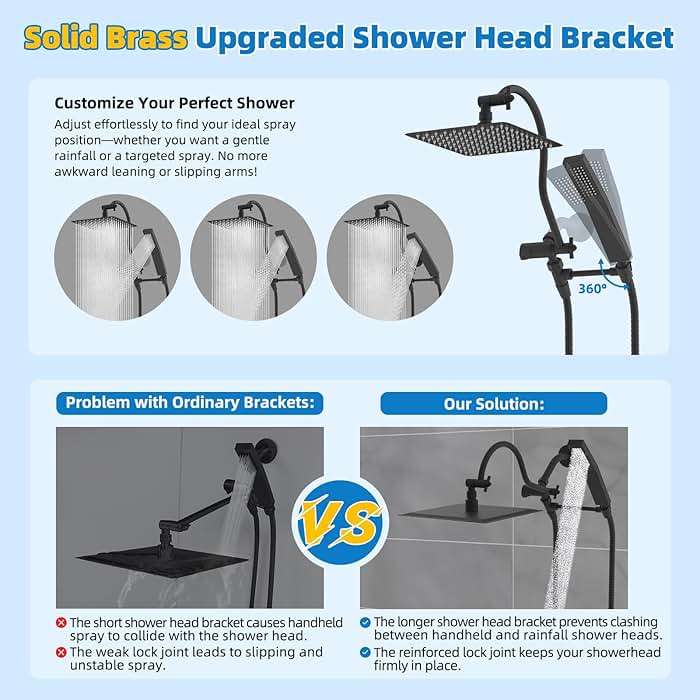 Hibbent All Metal cUPC Certified Shower Head, 10'' High Pressure Rainfall Showerhead Combo, Handheld Shower Wand, 12'' Adjustable Extension Arm, 4-Spray, 71'' Hose, Brass Shower Holder, Matte Black - Image 3