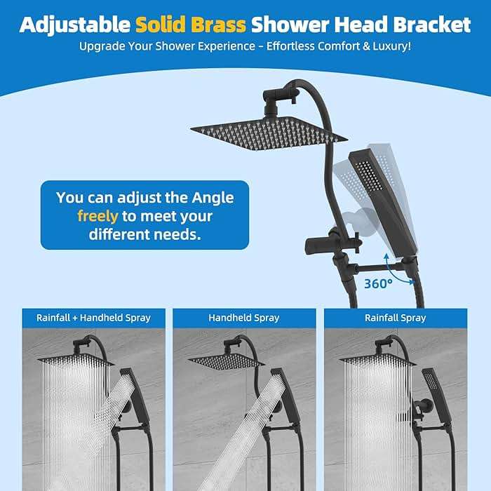 Hibbent All Metal cUPC Certified Shower Head, 10'' High Pressure Rainfall Showerhead Combo, Handheld Shower Wand, 12'' Adjustable Extension Arm, 4-Spray, 71'' Hose, Brass Shower Holder, Matte Black - Image 7