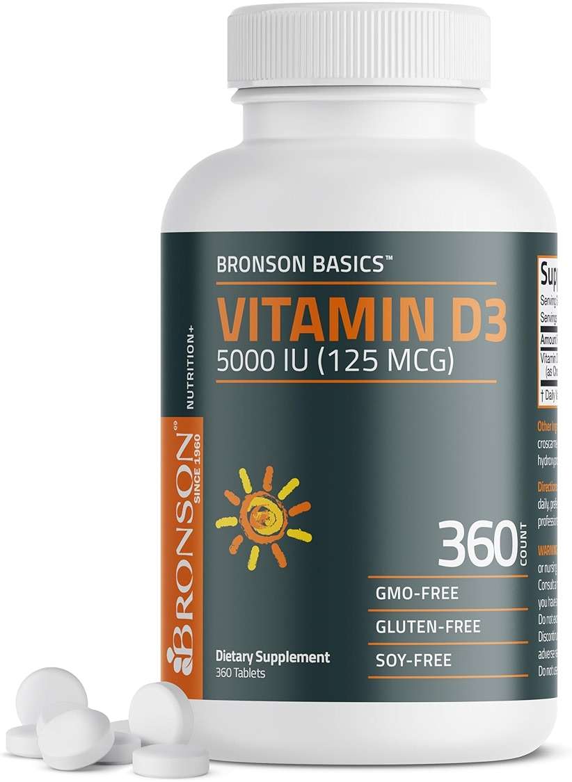 Bronson Vitamin D3 5000iu (125mcg) Healthy Muscle Function and Immune Support, Non-GMO, 360 Tablets - Image 1