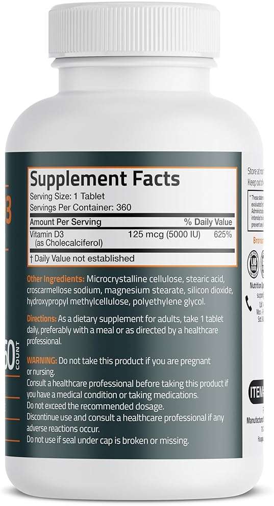 Bronson Vitamin D3 5000iu (125mcg) Healthy Muscle Function and Immune Support, Non-GMO, 360 Tablets - Image 2