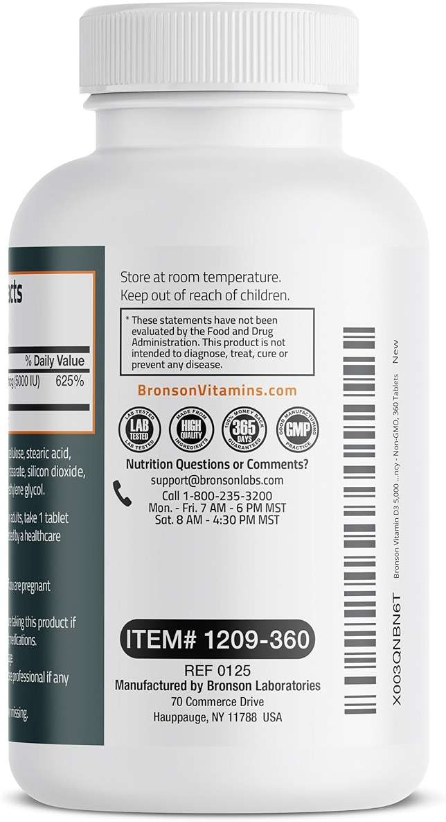 Bronson Vitamin D3 5000iu (125mcg) Healthy Muscle Function and Immune Support, Non-GMO, 360 Tablets - Image 7